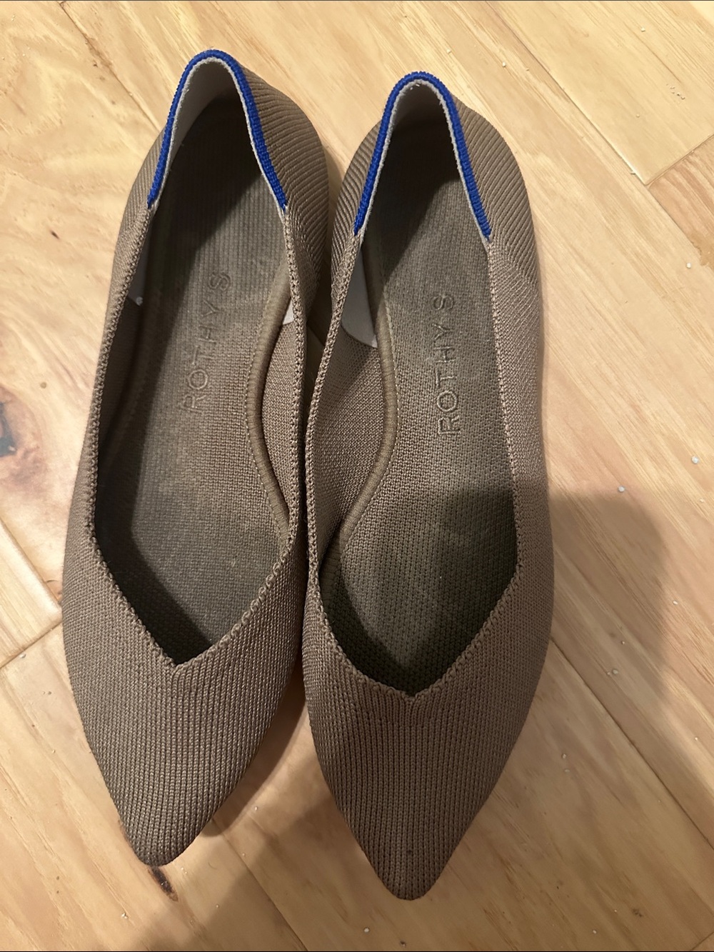 Rothy's Brown Pointed Knit Flats with Blue Heel Trim